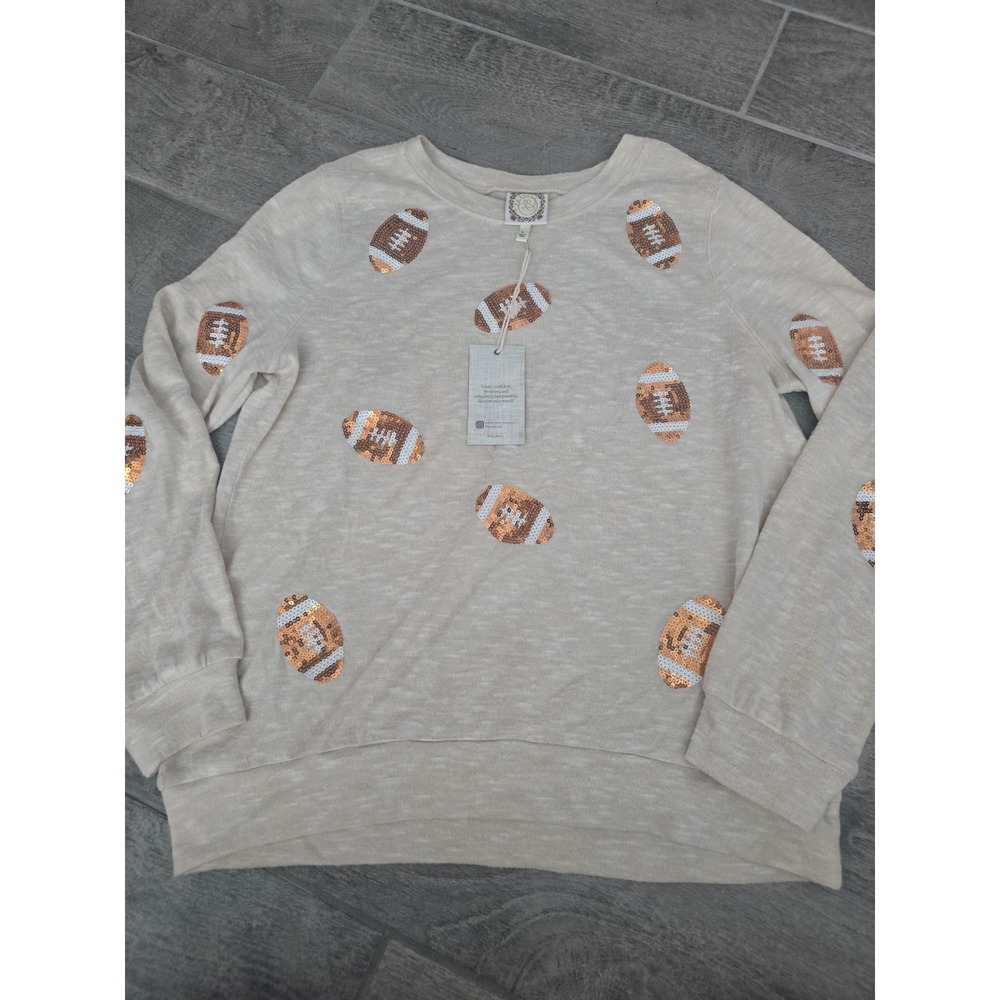 True‎ Self Womens Sequin Football Game Day Soft Shirt Oatmeal Beige Size Large